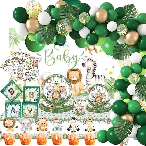 Jungle safari birthday decor set featuring green and gold balloons and patterned paper
