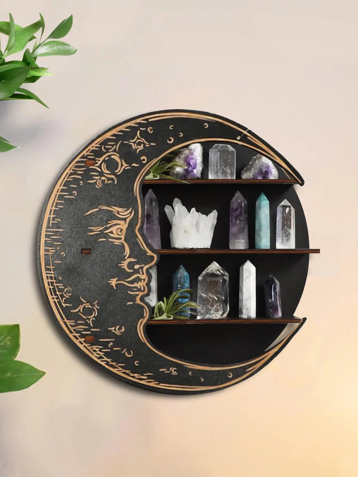3-Tier Round Wooden Wall Shelf with Crystal Display