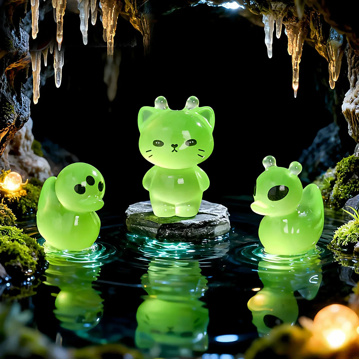 A glowing green resin cat and duck charm resting on a dark surface surrounded by moss and cave formations.