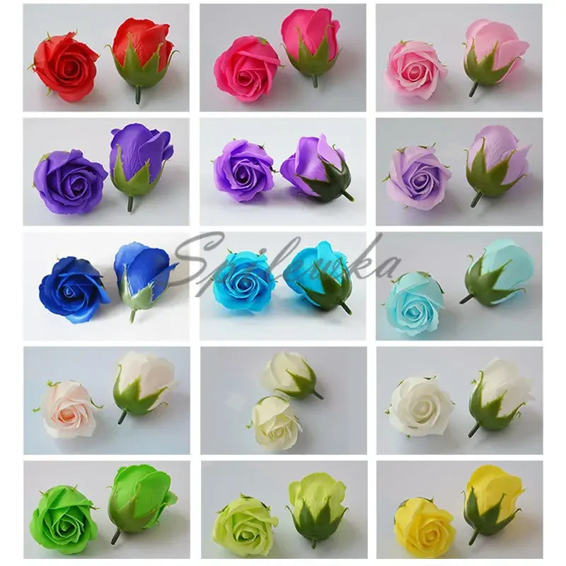 A grid of artificial rose flower heads in various shades of pink, purple, blue, and green.
