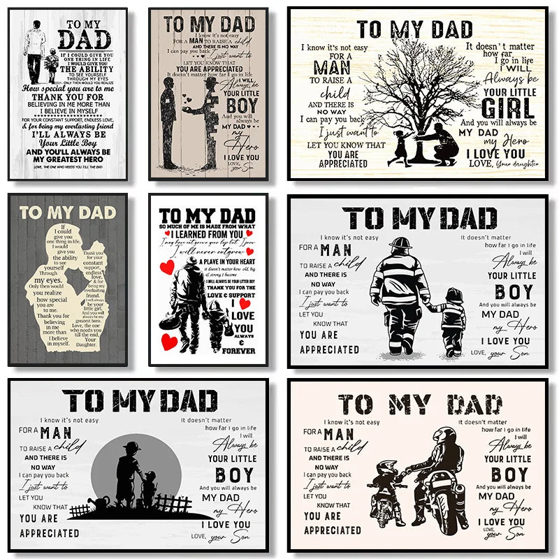 A collection of ten canvas prints featuring heartfelt quotes to a dad in various styles and fonts