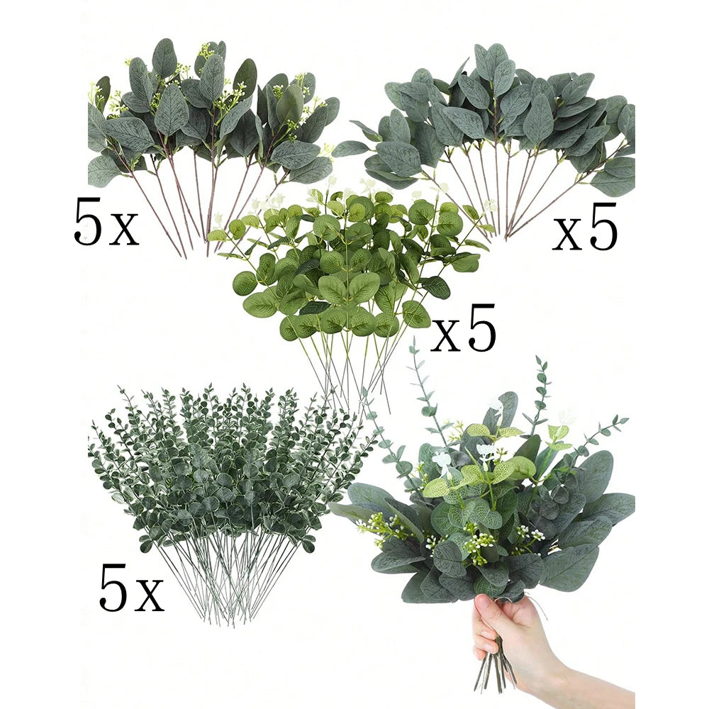 A collection of artificial eucalyptus leaves in various shades of green arranged for home decor.