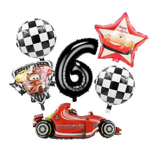A set of birthday racing car party decorations including a large number six, a star, and a checkered ball.