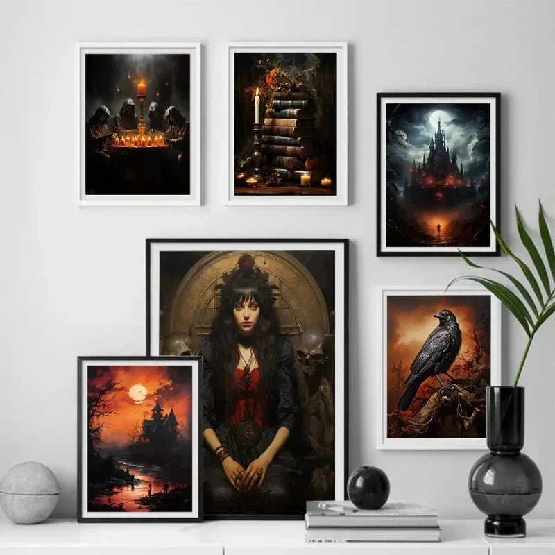 A collection of dark, moody gothic castle wall art canvas prints featuring dramatic scenes and figures.