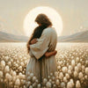 A woman and Jesus embracing in a field of white flowers against a bright, hazy sky.