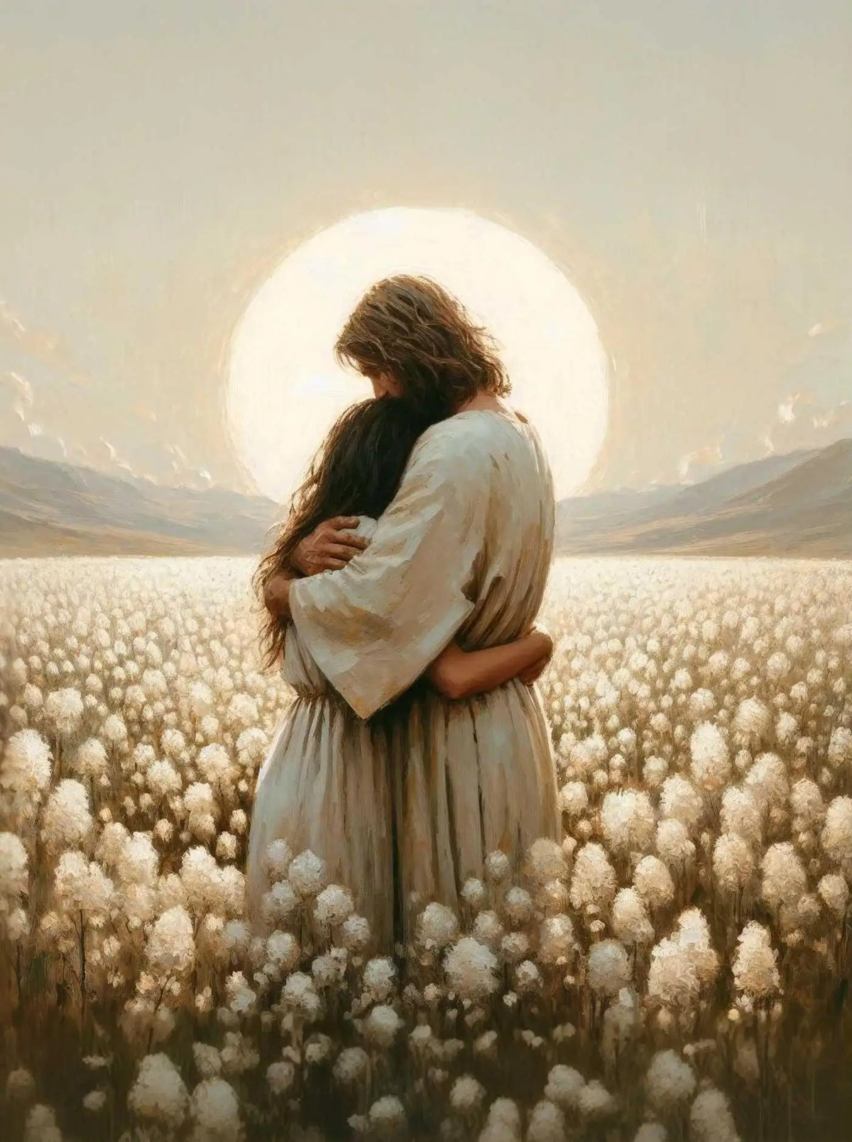 A woman and Jesus embracing in a field of white flowers against a bright, hazy sky.