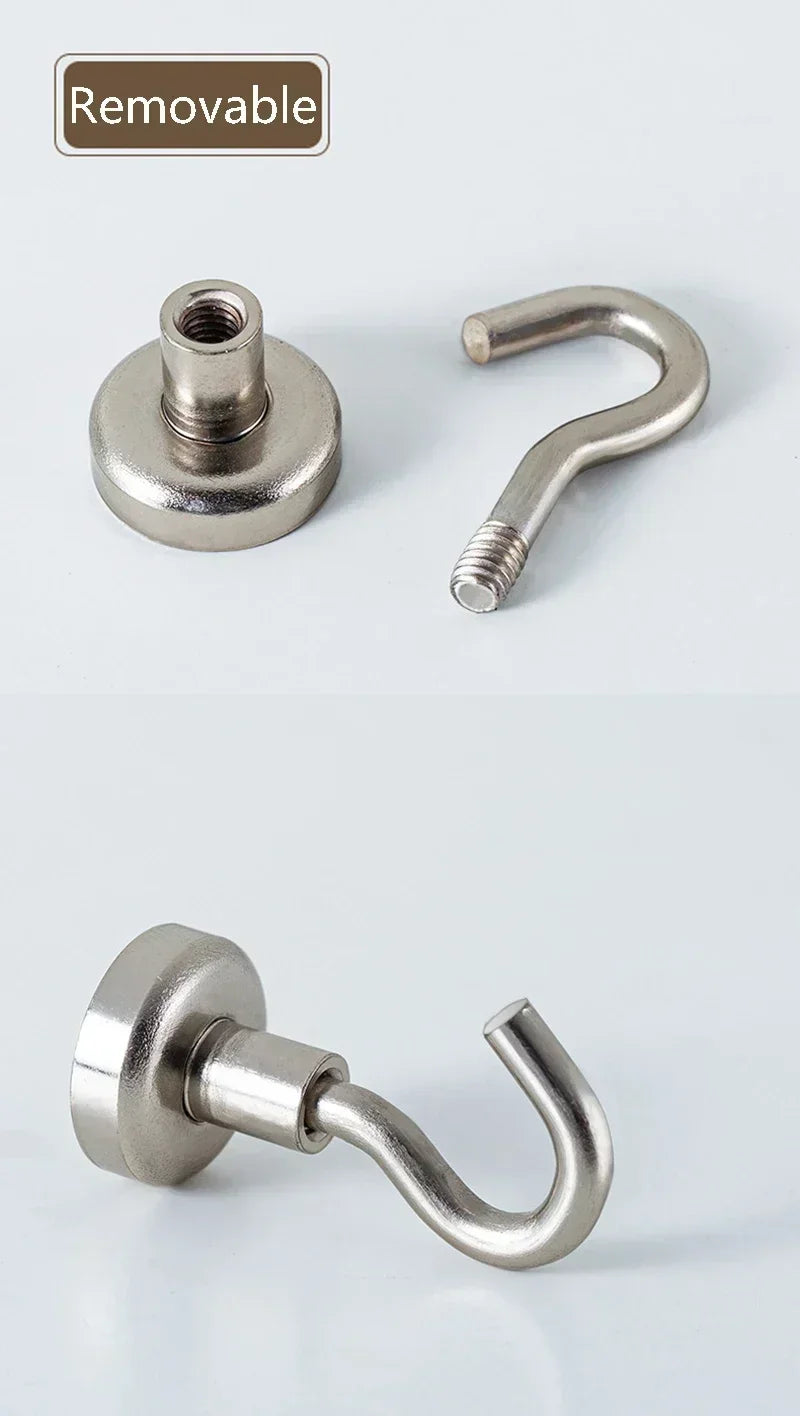 Two heavy duty stainless steel magnetic hooks, one flat and one curved, shown against a white background.