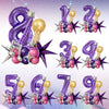 A set of purple number balloons, note shapes, and microphone shaped balloons.
