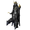 A dark resin statue of a goddess with a crown and mystical details, standing over a black animal.