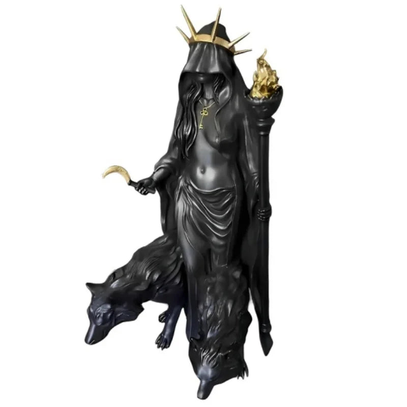 A dark resin statue of a goddess with a crown and mystical details, standing over a black animal.