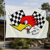 A white flag featuring a stylized red and yellow rooster head with a black and white checkered background.