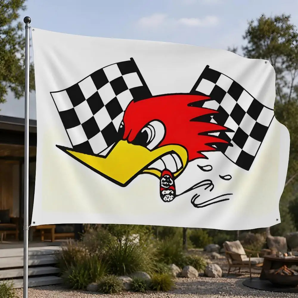 A white flag featuring a stylized red and yellow rooster head with a black and white checkered background.