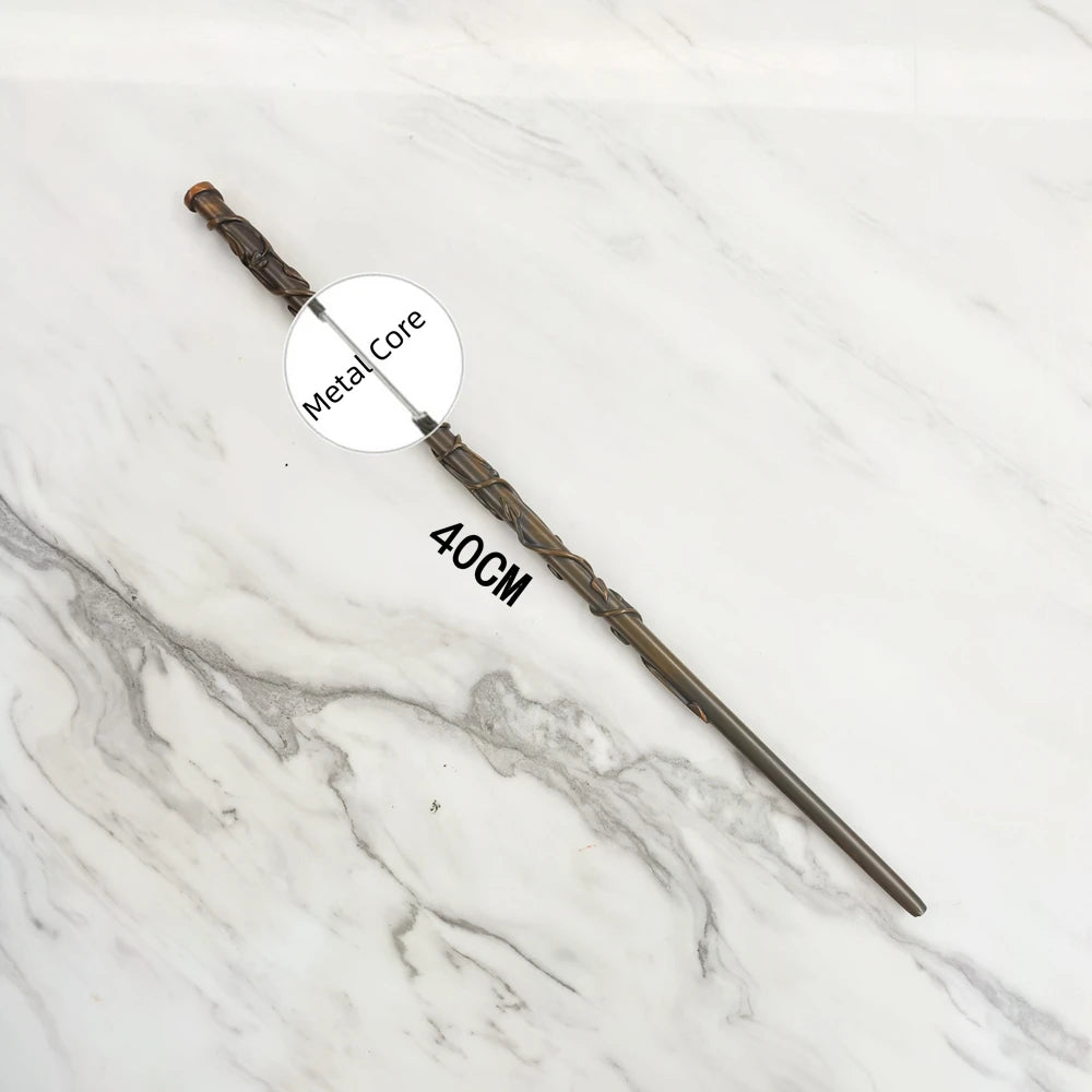 A long, dark metal wand replica with a labeled metal core is displayed on a white marble surface.