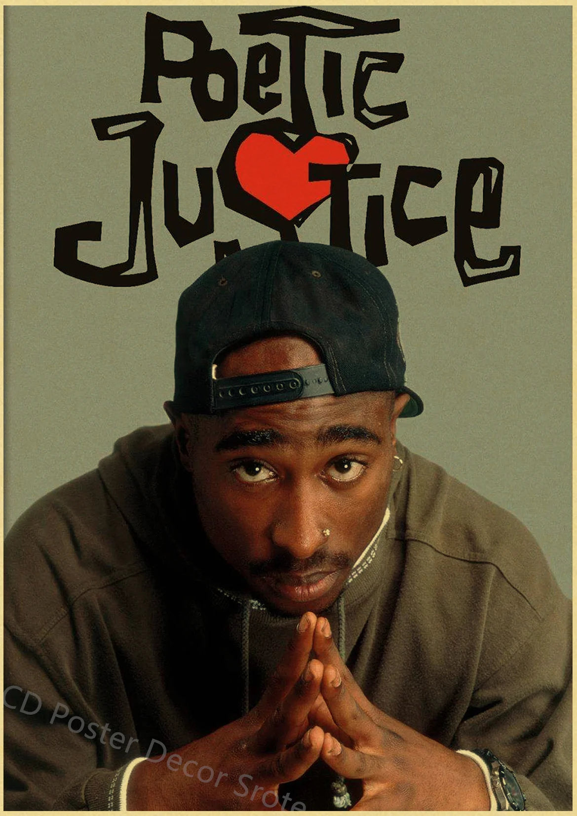 A portrait of a man wearing a dark cap and hoodie, with the text Poetic Justice in a distressed font above him.
