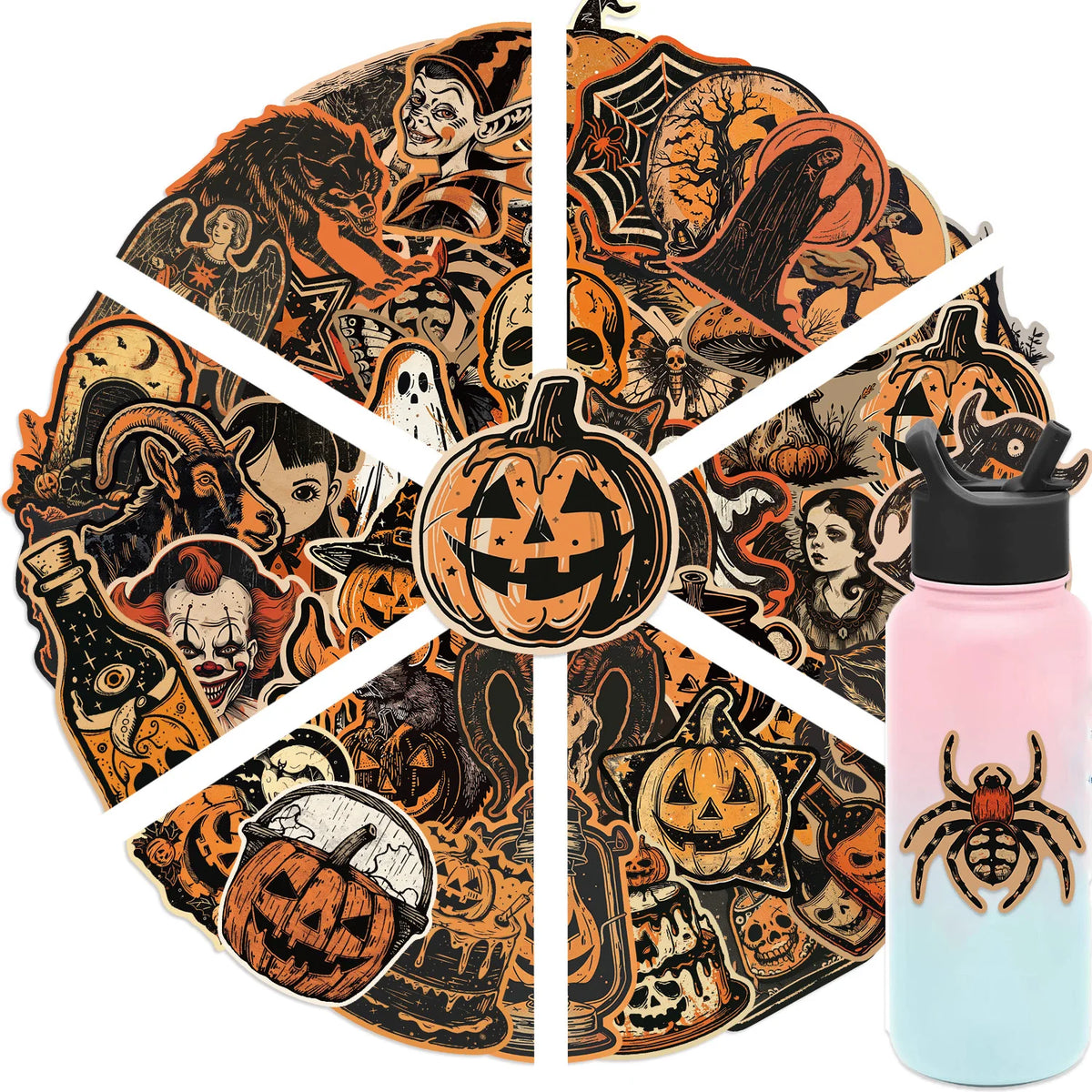 A set of retro graffiti aesthetic stickers featuring Halloween themes like pumpkins and skulls on a dark background