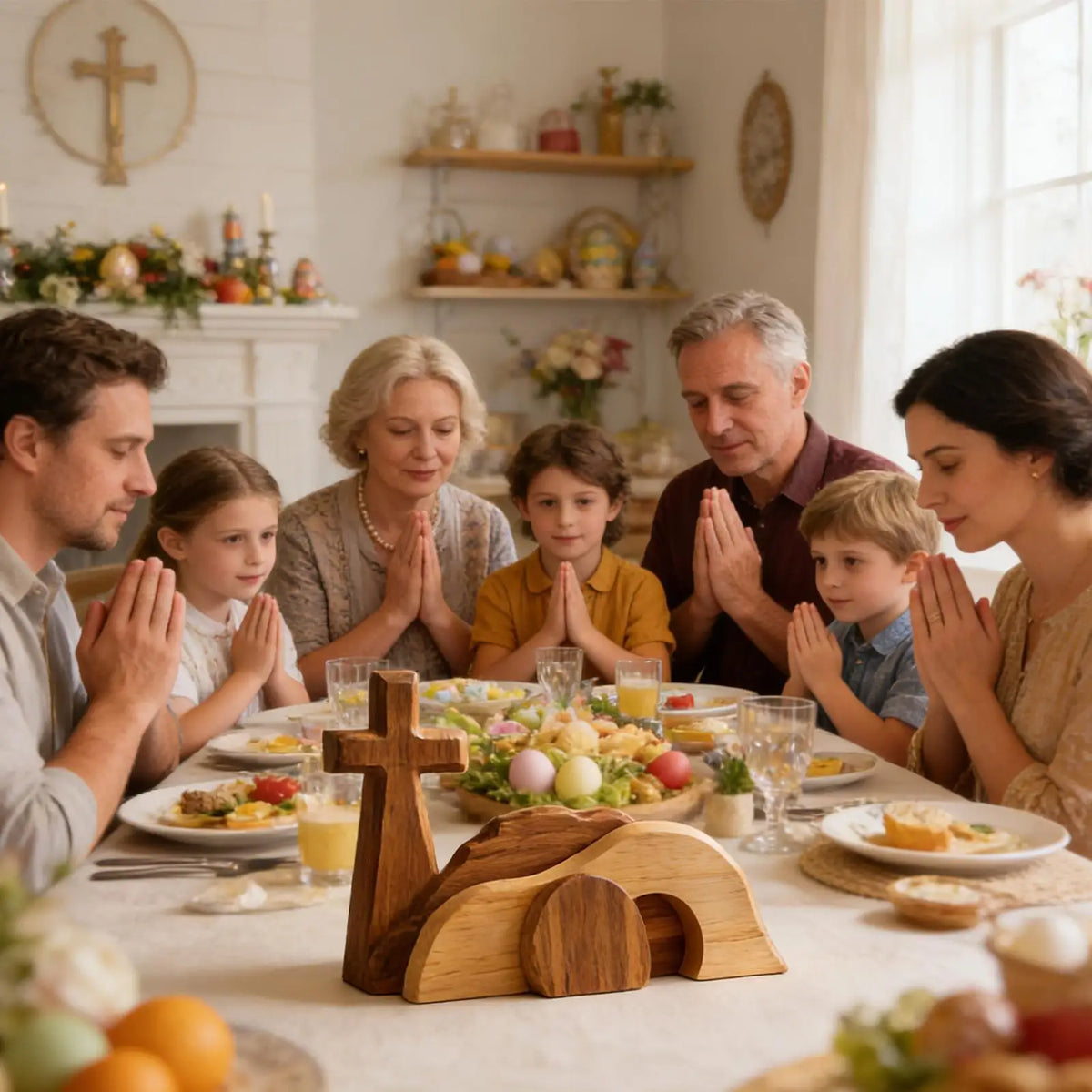 A family gathers around a wooden Easter empty tomb decoration on a table.