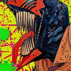 A stylized, menacing chainsaw character with an open mouth and sharp teeth against a vibrant yellow background.