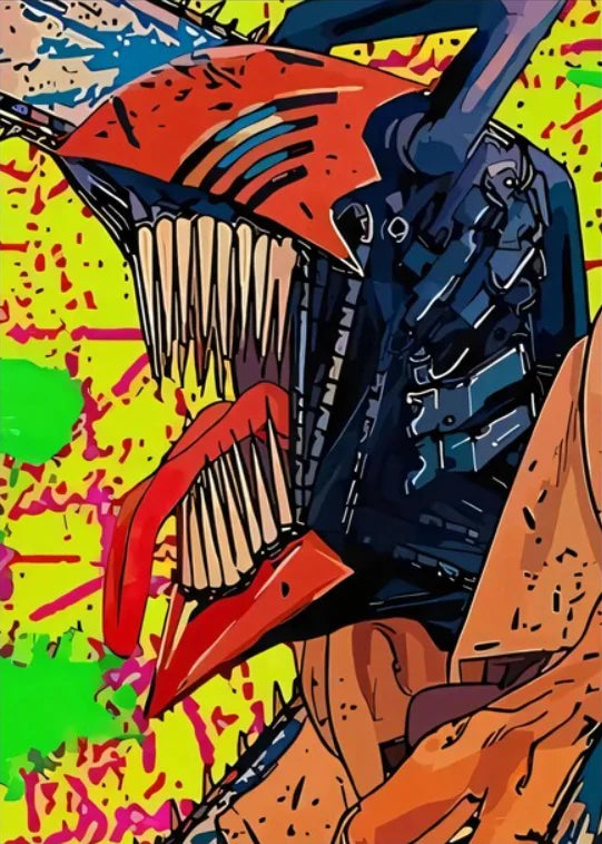 A stylized, menacing chainsaw character with an open mouth and sharp teeth against a vibrant yellow background.