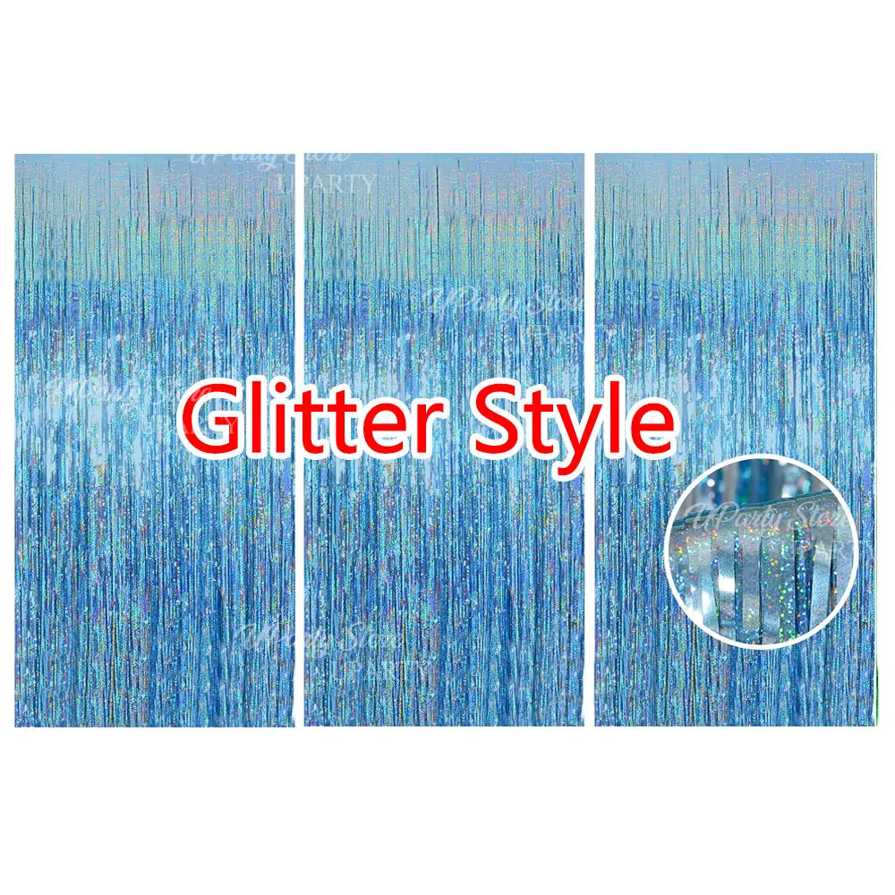 Three panels of blue glitter metallic foil fringe curtains for party backdrop decor