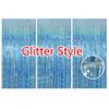 Three panels of blue glitter metallic fringe curtains for party backdrop decor