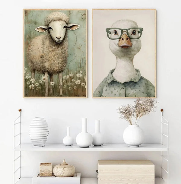 A framed canvas print featuring a realistic depiction of a fluffy Highland cow against a muted green background.