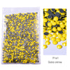 A clear plastic bag filled with mixed yellow and silver solid citrine glass rhinestones.