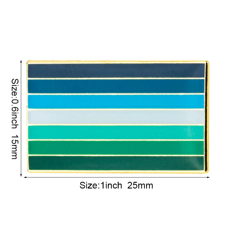A rectangular lapel pin featuring six horizontal stripes of various colors including blue, teal, green, and white.
