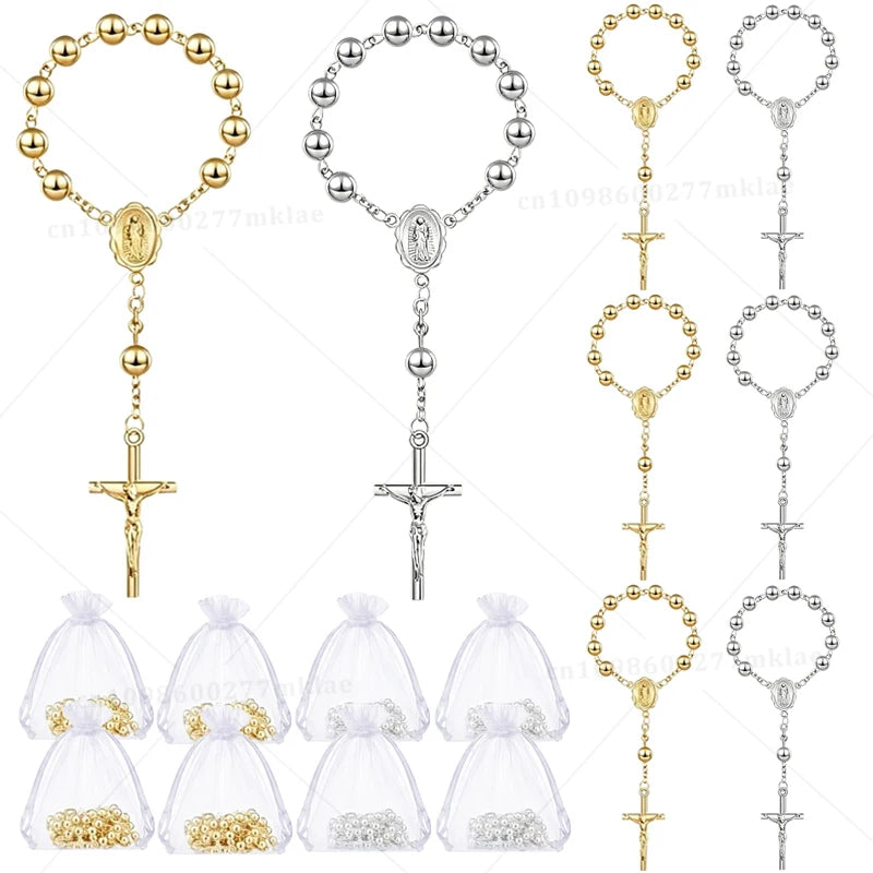 Assorted mini baptism rosary favors with cross necklaces in gold and silver tones