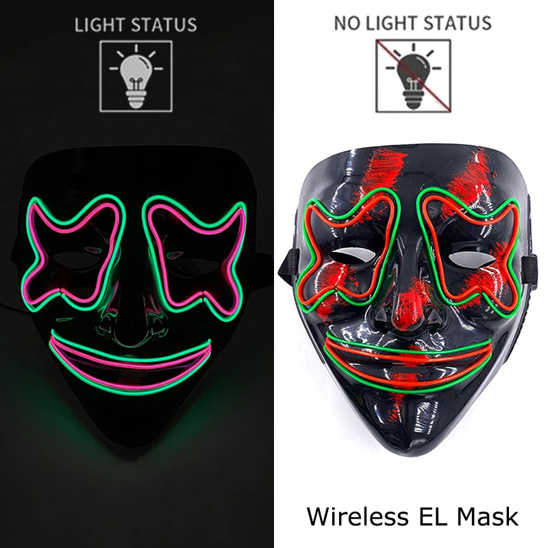 A black silicone mask with glowing LED lights in pink and red, shown in light status and no light status.