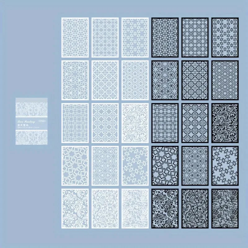 A grid of intricate white and black lace patterns for use in sticker books and crafts.