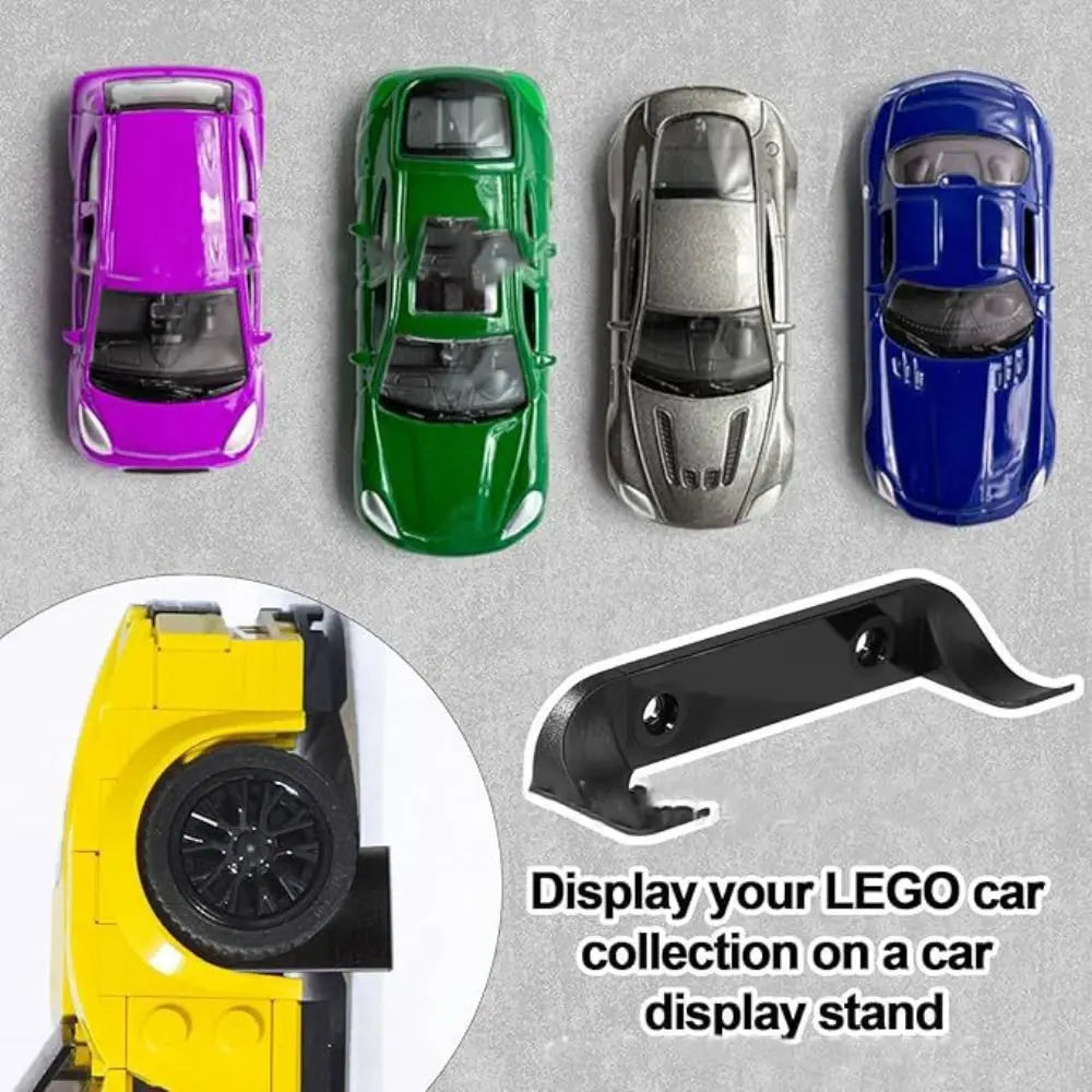 A display stand featuring four die-cast cars in purple, green, silver, and blue colors.