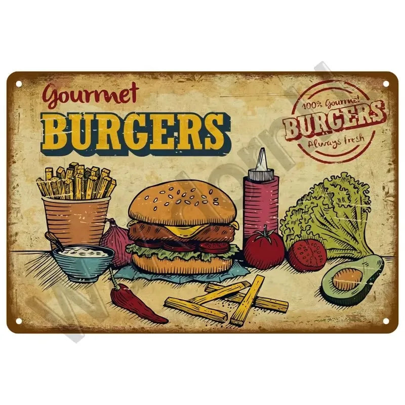 A vintage-style metal sign decoration featuring illustrations of gourmet burgers, french fries, vegetables, and a tomato.