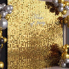 A gold sequin glitter party backdrop featuring the words House of Party on a textured gold surface.
