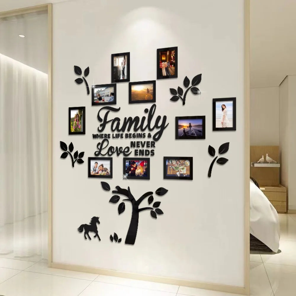 A wall collage featuring silhouettes of family members and leaves forming a tree design on a white wall.