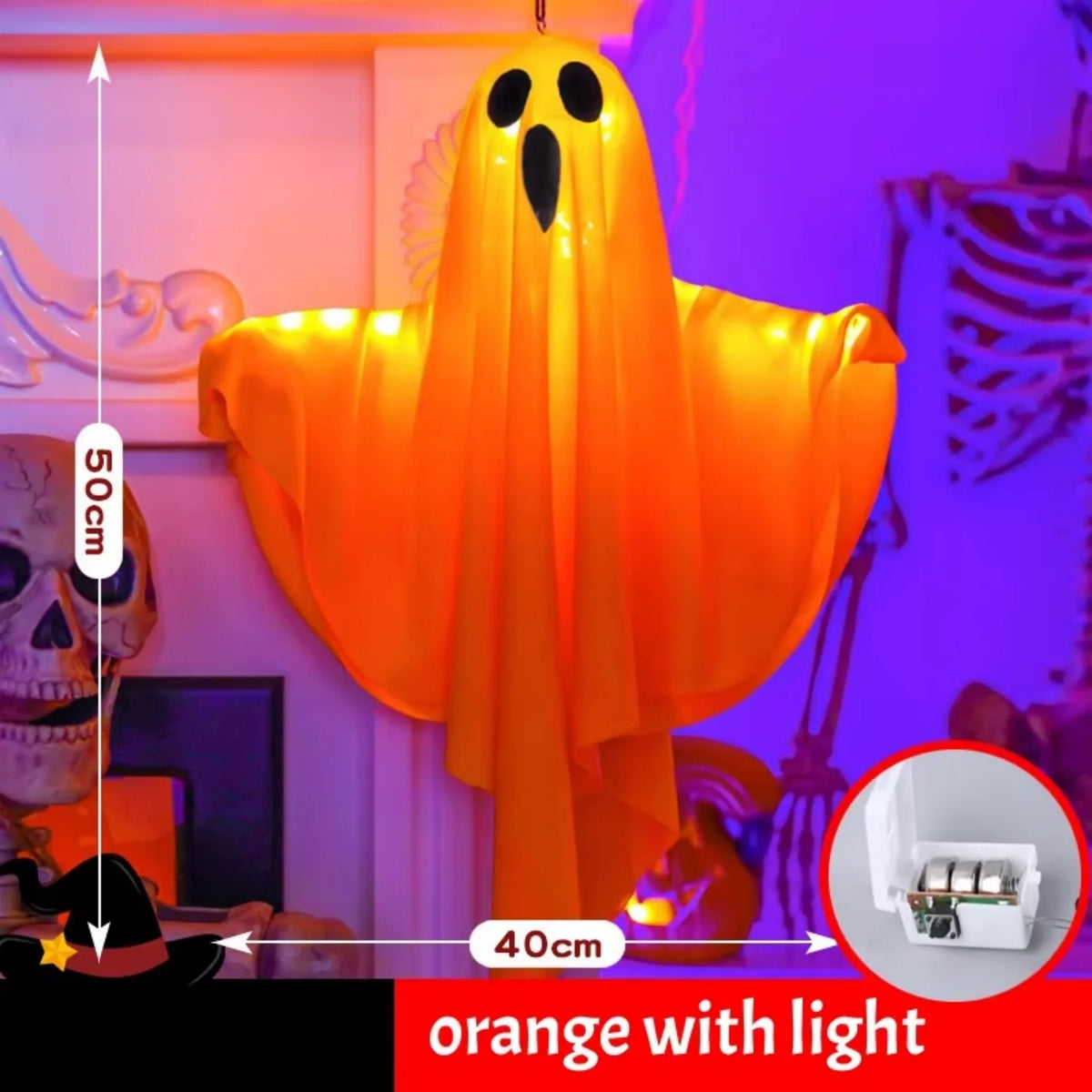 Orange glowing ghost decoration hanging against a purple background