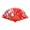 A vibrant red lace hand fan decorated with pink and purple floral patterns.