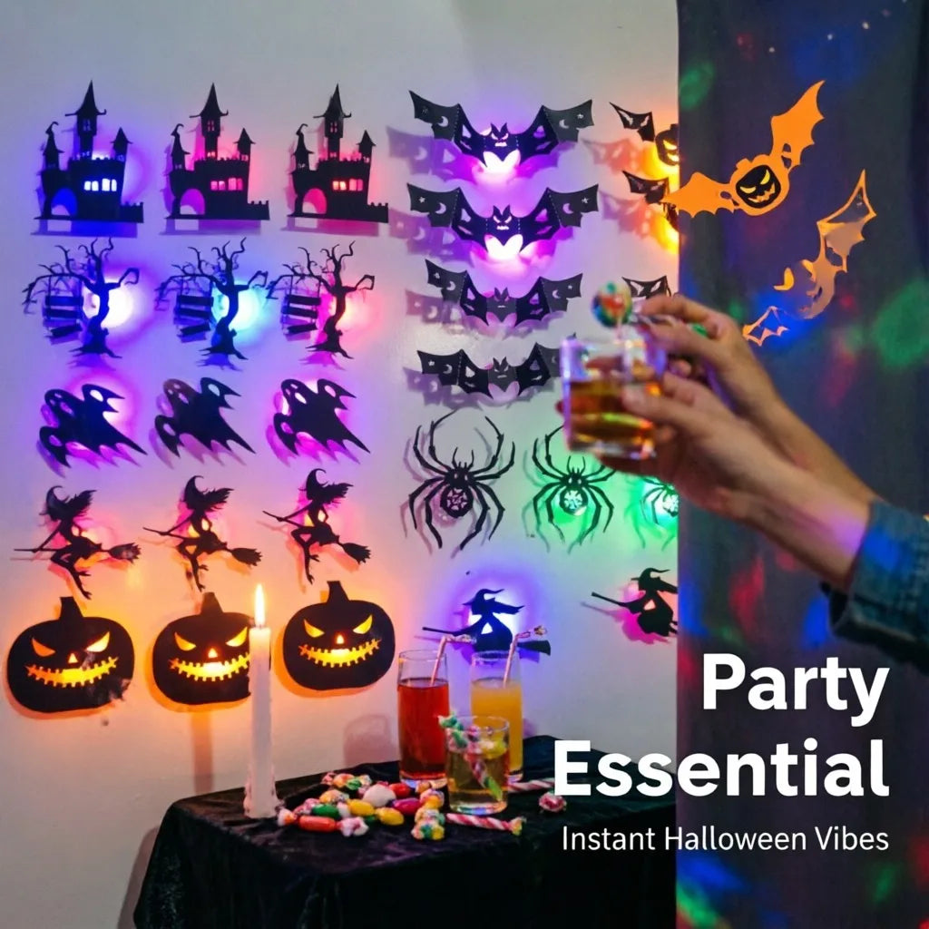 A hand is holding a glass of liquid in front of a display of glowing Halloween LED wall stickers and pumpkins.