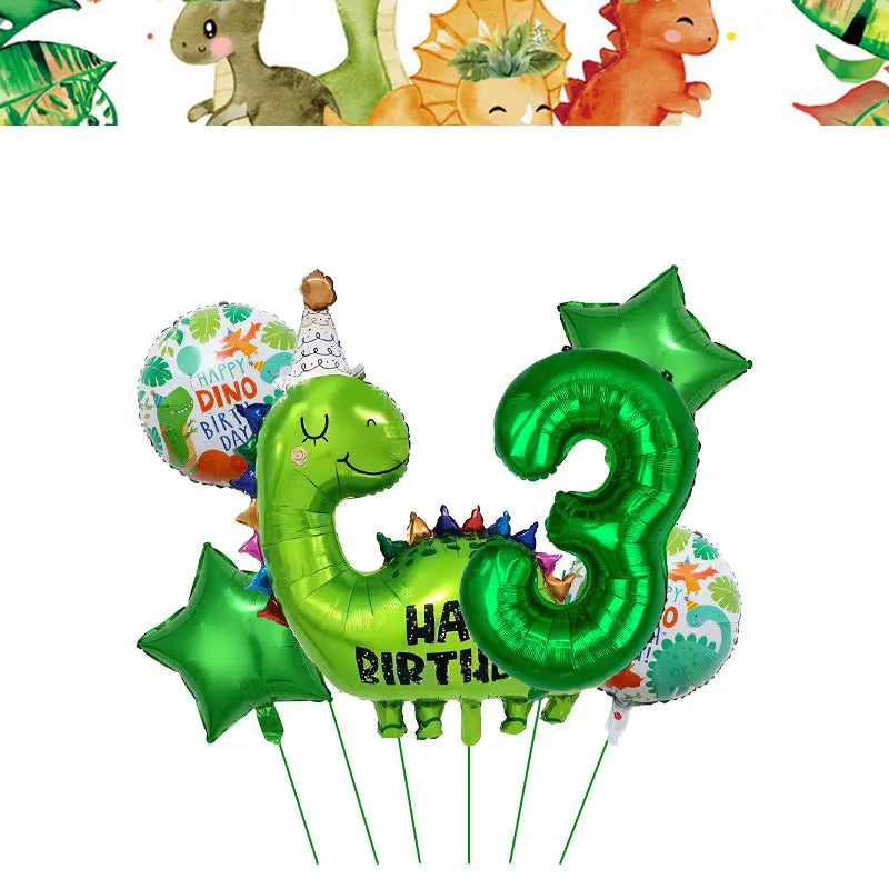 A set of dinosaur birthday party supplies including balloons, a banner, and a green number three cake topper.