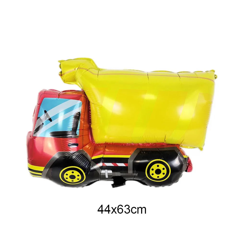 A yellow construction truck foil balloon used for birthday party decoration.