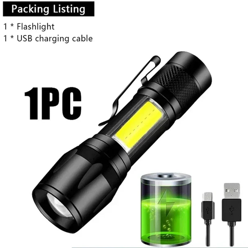 A black compact flashlight with a yellow LED light is shown next to its USB charging cable and a battery.