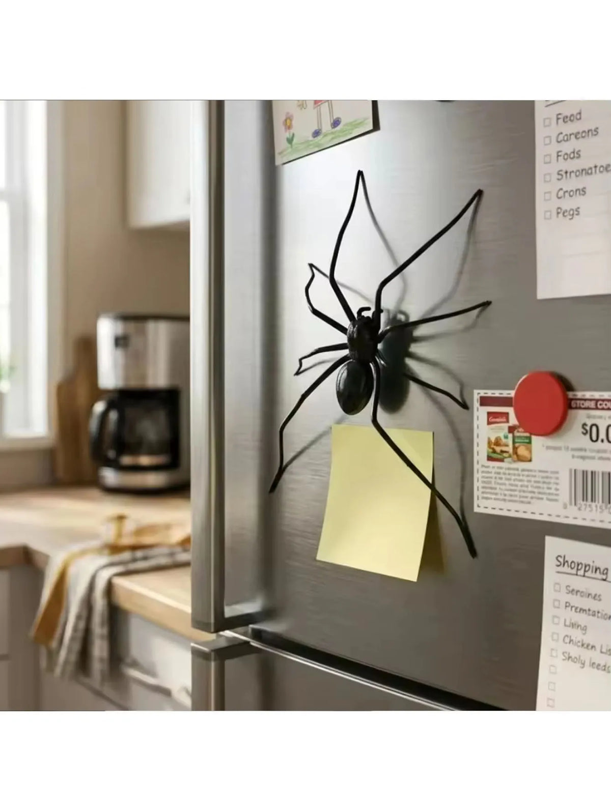 زخرفة عنكبوت أسود مثبتة على باب ثلاجة من الفولاذ المقاوم للصدأ، قرب قوائم البقالة وملصقات الطعام.