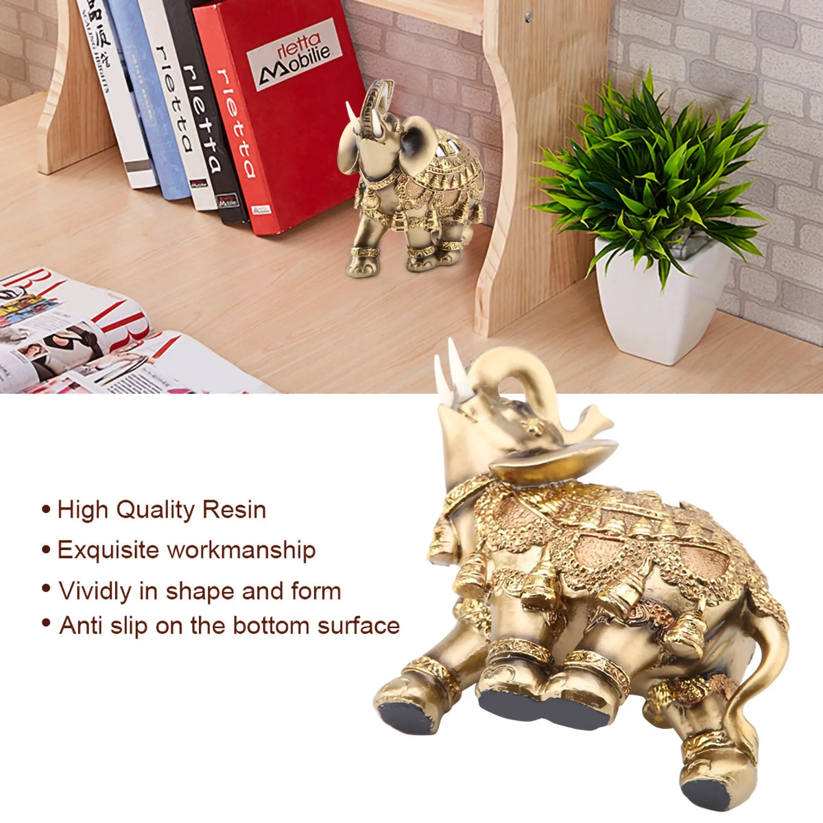 Golden resin elephant statue for Feng Shui, showing exquisite workmanship and vivid form.