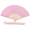 Pink silk wedding hand fans with bamboo frames shown open and closed.