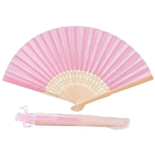 Pink silk wedding hand fans with bamboo frames shown open and closed.