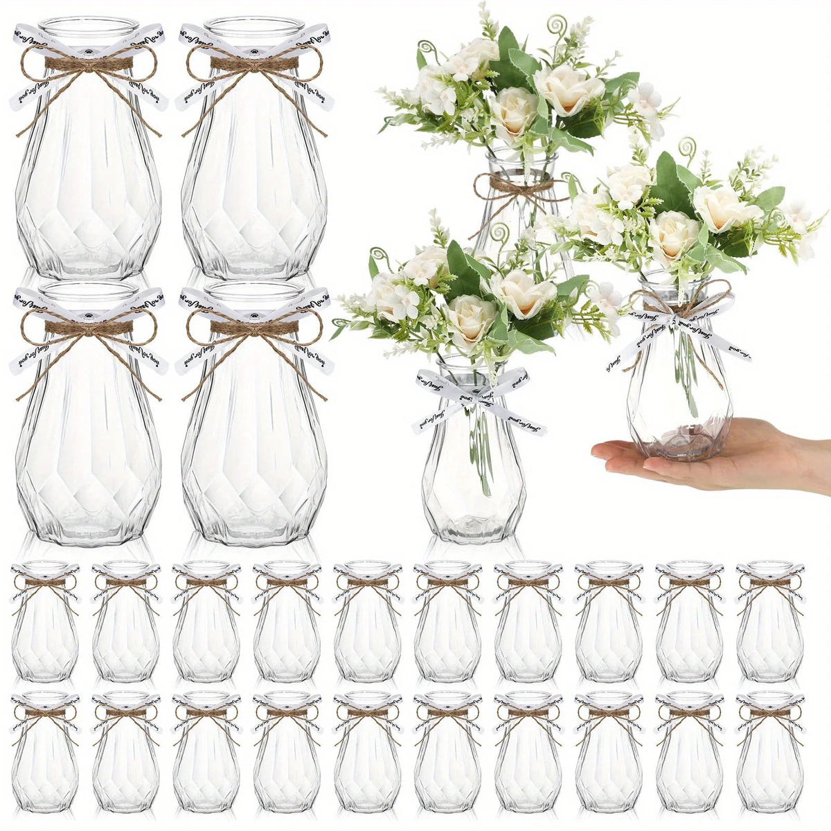 Clear faceted diamond crystal plastic vase with twine decoration and floral arrangement