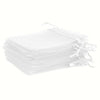 Stack of elegant white and gold drawstring organza bags for gifts, weddings, and parties