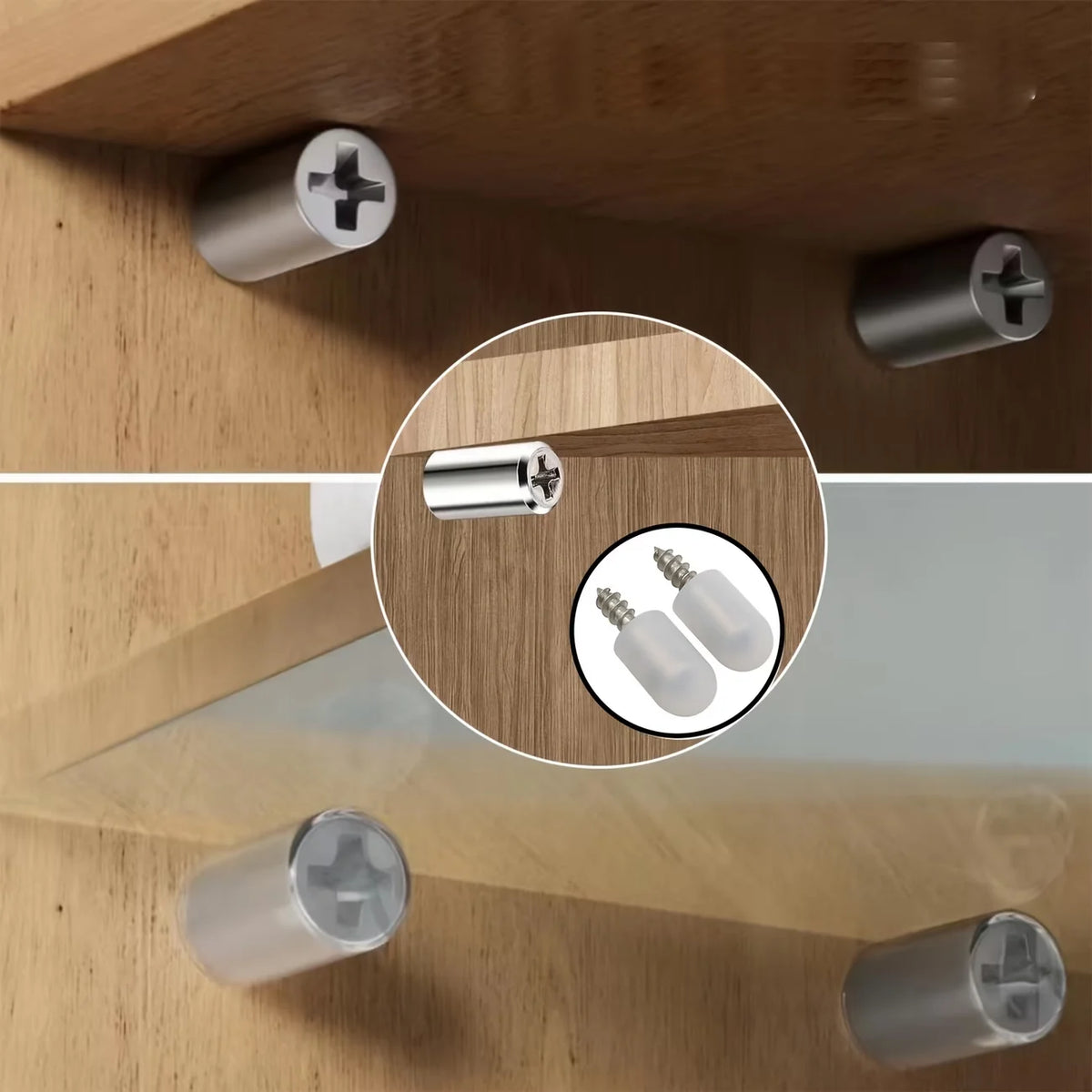 Close-up view of heavy-duty steel shelf pins with self-tapping screws used for floating shelves.