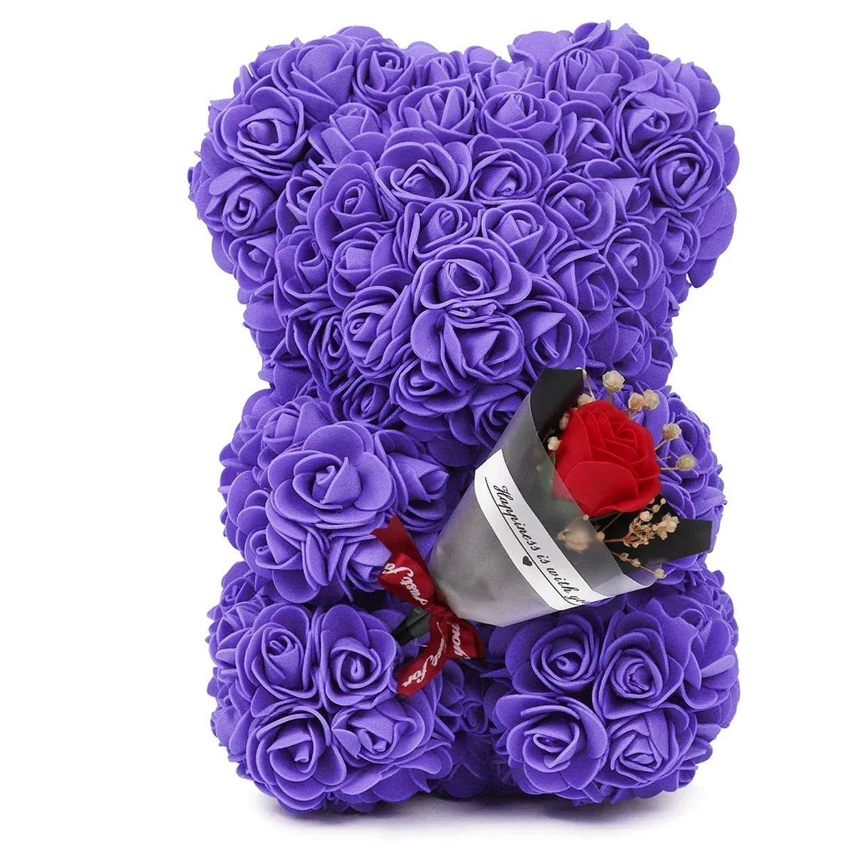 Strang voller künstlicher lila Rosen gebunden wie ein Teddybär für romantische Dekoration