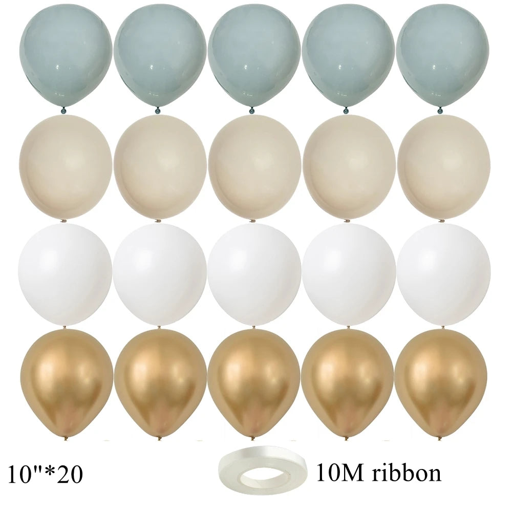 A set of 20 balloons in various shades of blue, white, and gold, along with a roll of 10M ribbon.