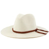 A wide brim straw sun hat in off-white with a brown leather cord detail.
